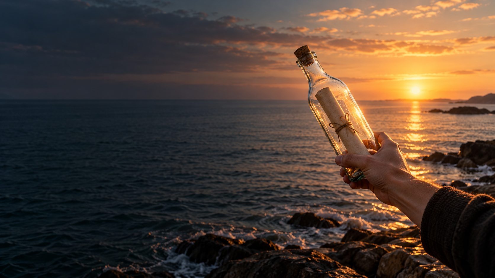 At dawn on a rocky shore, a hand lifts a glass bottle with a note.