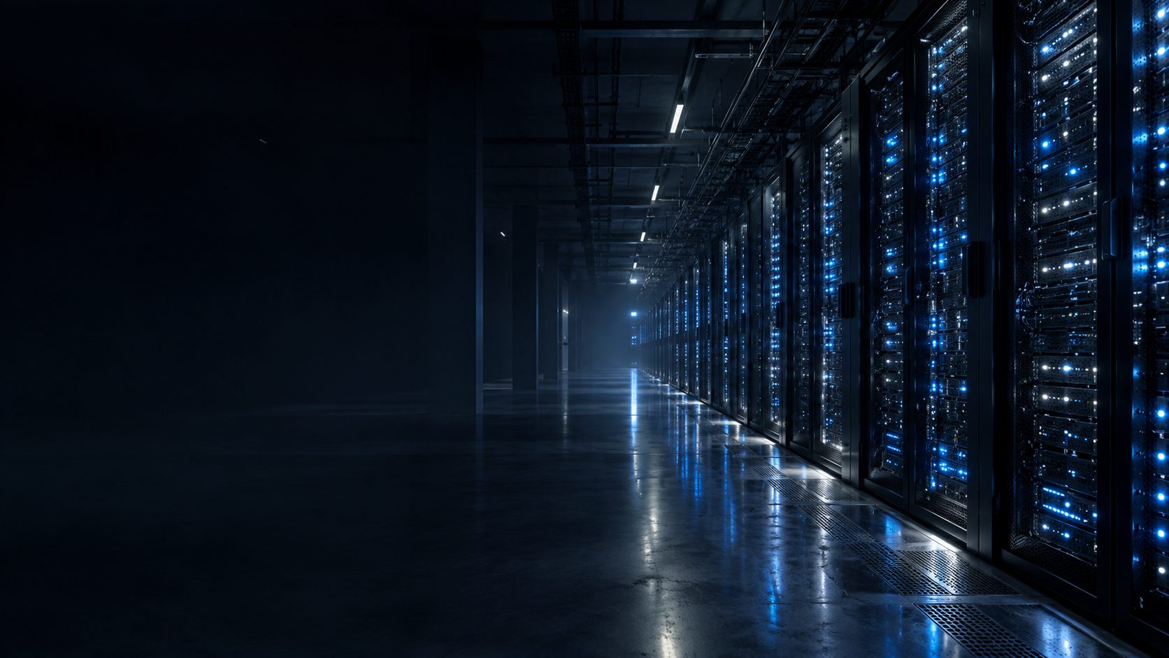 An endless dark hall of server racks, thousands of small lights running.