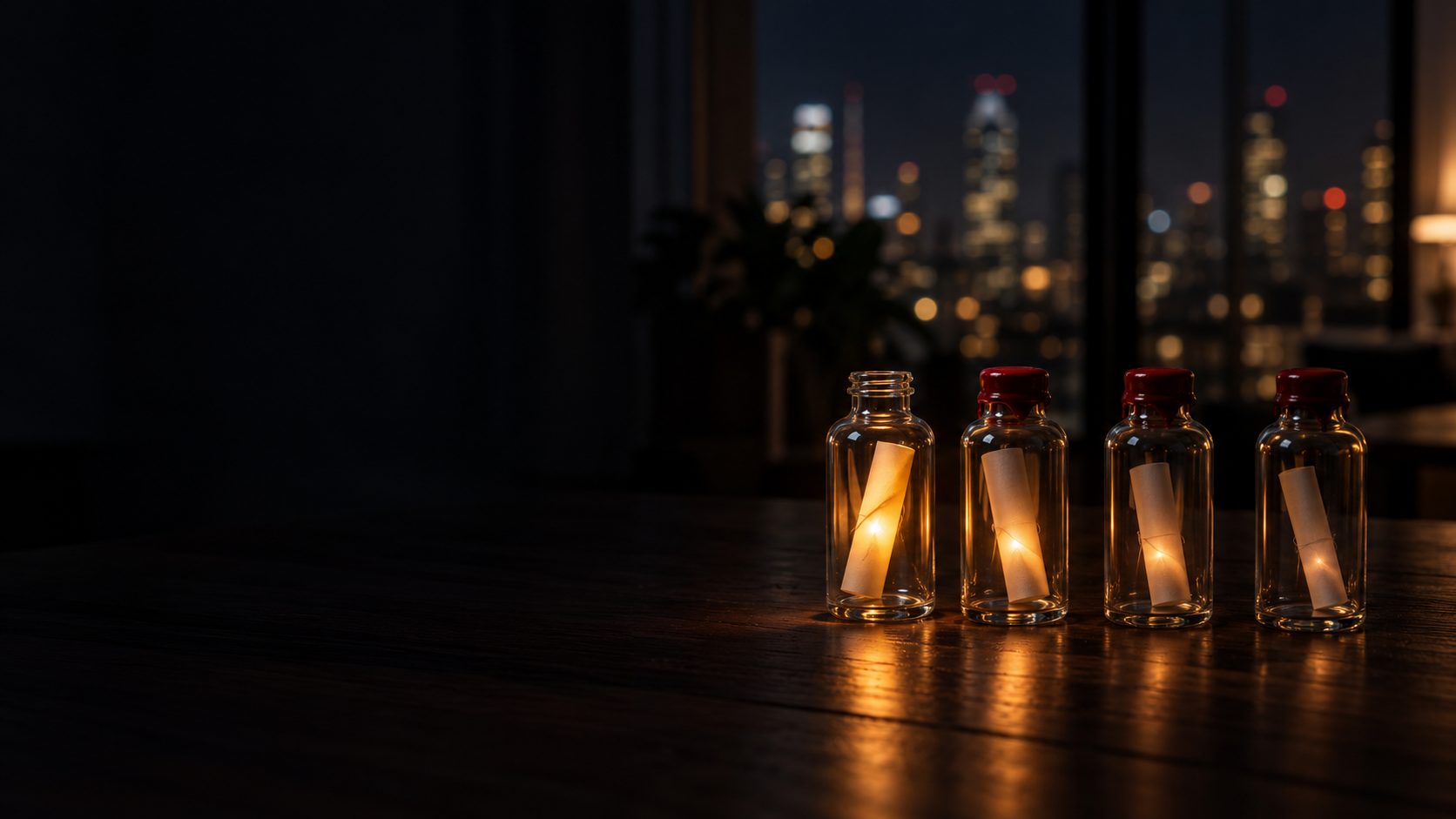 Four glass bottles with notes, one open, three sealed with wax.