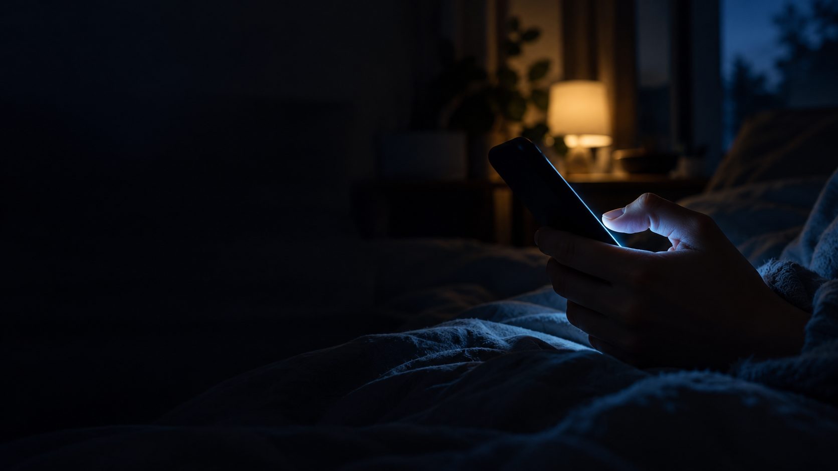 A thumb hovers over a phone screen in the dark.
